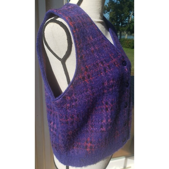 Vintage 90s LizSport Purple Plaid Mohair Button Up Academia Sweater Vest Sz L - Picture 8 of 14